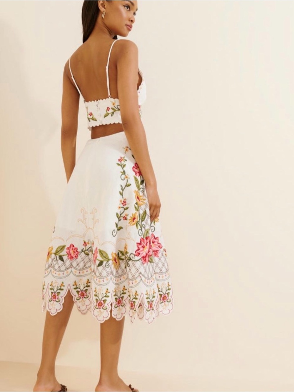 FARM RIO Off-White Flower Embroidery Asymetric Hem Midi Dress - Picture 3 of 4
